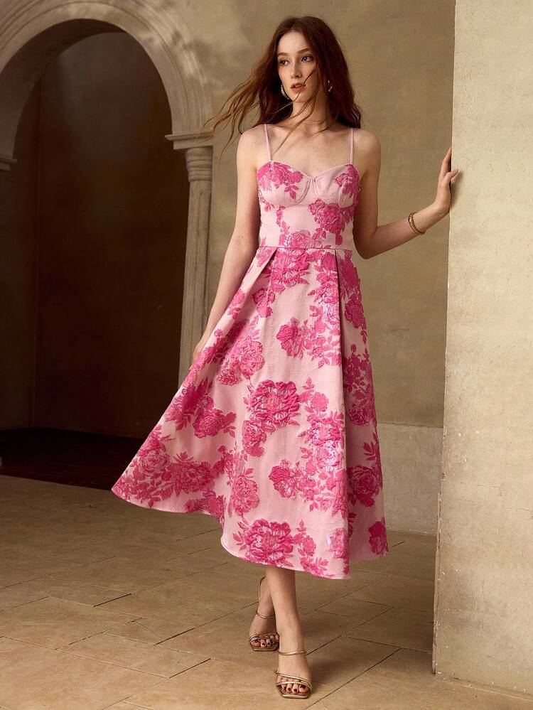 WOMEN'S JACQUARD WEAVE MIDI A-LINE SLIP DRESS, SUITABLE FOR OCCASIONS, DATES, SPRING/SUMMER