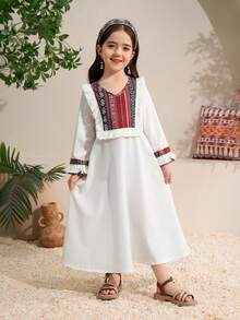 Young Girls' New Geometric Pattern Round Neck Long Sleeve A-Line Casual Maxi Dress, Suitable For Beach Party, Summer - White - View 3