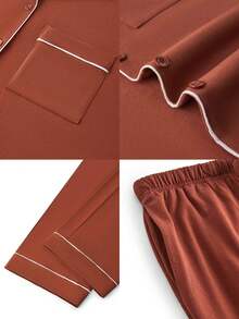 LUVLETTE 圣诞新年情侣睡衣，100%纯棉，红色和酒红色撞色滚边，基本款纽扣上衣和裤子，家居服睡衣套装，裤子带口袋，女士家居服套装，秋季服装