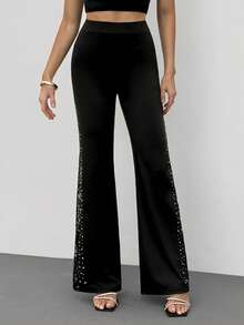 SHEIN Tall 黑色撞色蕾丝水钻装饰半透明开衩修身直筒女裤，时尚阔腿裤，黑色喇叭裤，优雅女士派对裤 - 黑色 - 查看 4
