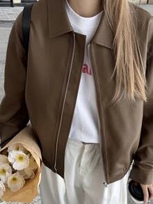 Livesso Women's Casual Zip-Up Lapel Long Sleeve Jacket, Autumn - Coffee Brown - View 1