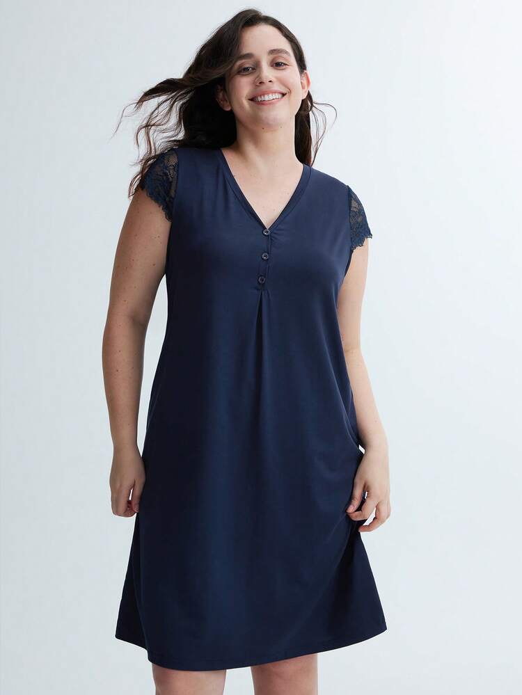 Sommer dunkelblau super weiche TENCEL™ Modal Spitzeneinlage Kurzarm Nachthemd, luftige Damen Pyjama Kleid Slip Kleid Wäsche & Pyjama