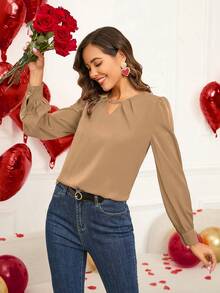 EMERY ROSE 情人节女士泡泡长袖金属装饰圆领衬衫，春季女装，情人节女士棕色衬衫，女士衬衫，优雅长袖衬衫 - 卡其色 - 查看 3