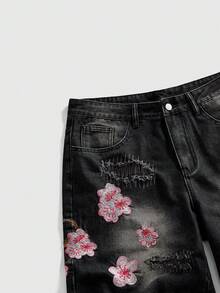Street Life Men's Floral Embroidery Pocket Distressed Casual Denim Shorts - Black - View 8