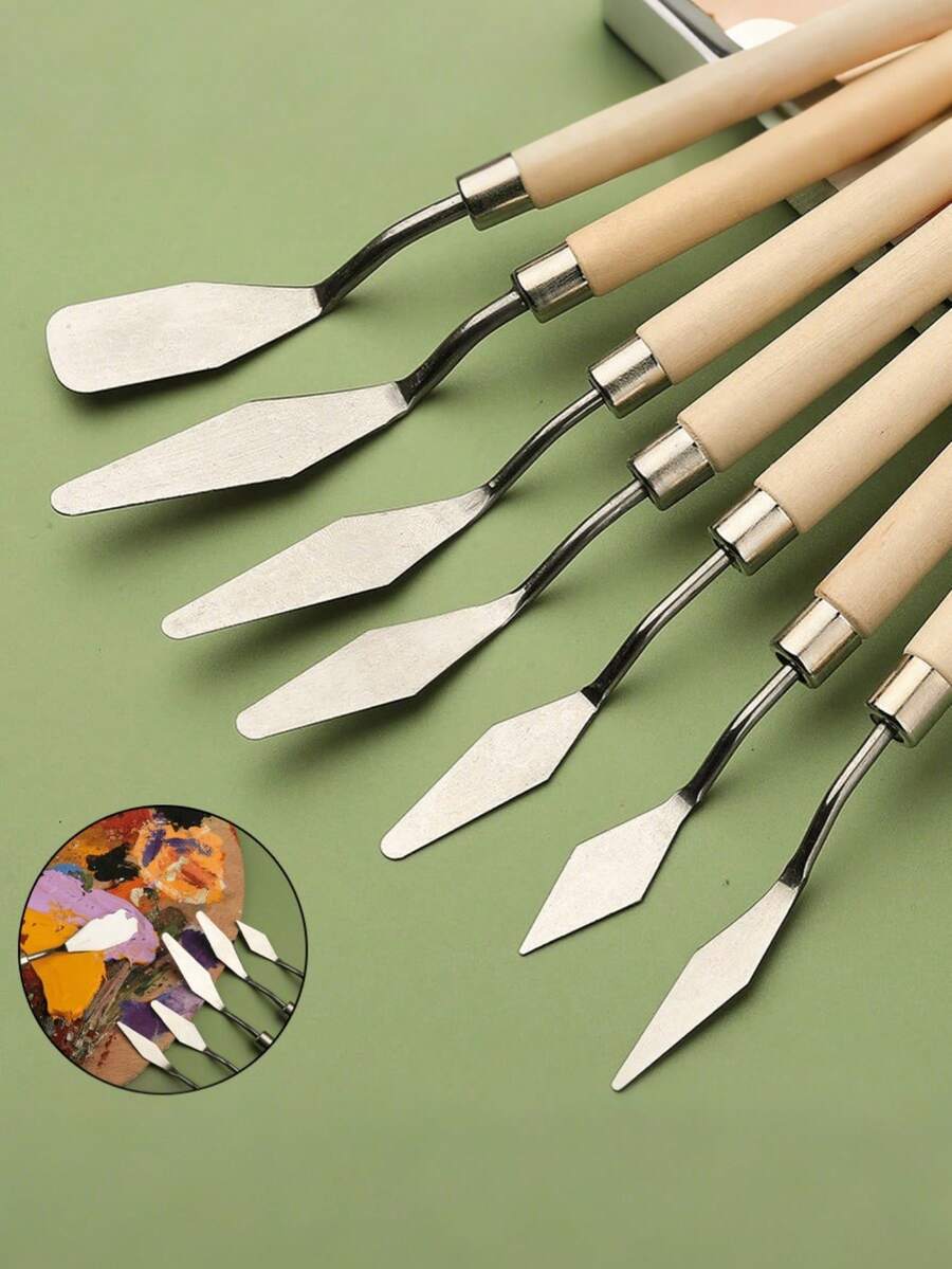 7件套艺术油画刮刀木制平头不锈钢挑刀油画水粉颜料尖头调色盘铲 - 彩色 - 查看 1