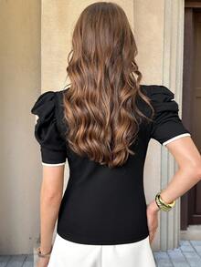 Solivie Rib Knit Puff Sleeve T-Shirt Black Top Preppy Tops Puff Sleeve Tops Classy Top