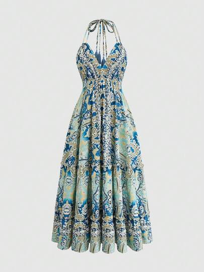 Sweetra Plus Size Women Vintage Casual Vacation Bohemian Style, Tropical Floral Romantic Spaghetti Strap Tie Front Ruffle Tassel Print Fashion Maxi Dress, Layered Dress, Sundress, Regular Dress, Beach Vacation Dress, Suitable For Beach, Seaside, Summer