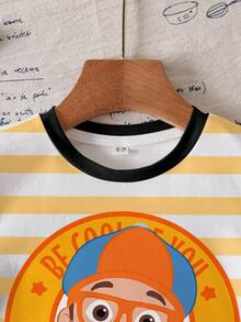 Blippi X SHEIN Young Boy Summer Casual Patchwork Striped Cartoon Pattern Round Neck Short Sleeve T-Shirt - White - View 5
