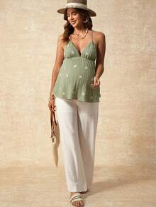 Boho Mama Pregnant Women's Summer Casual Vacation Textured Floral Embroidery Camisole - Apricot - View 5