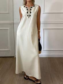 DAZY Women's Summer Embroidered Sleeveless V-Neck Long Sleeve Mid-Length Dress Linen