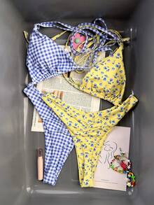 Swim Mod New Printed Spaghetti Strap High Cut Bikini Set Gingham Set Blue And Yellow Bikini Gingham Bikini Checkered Bikini Yellow Polka Dot Bikini - Multicolor - View 3