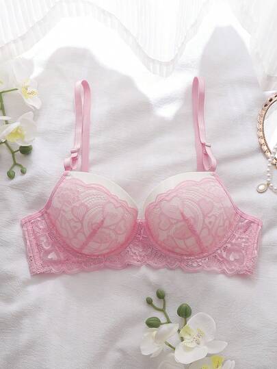 3/4 Cup Lace Patchwork Push Up Underwire Bra, Cute, Sweet, Romantic, Everyday Wear For Women