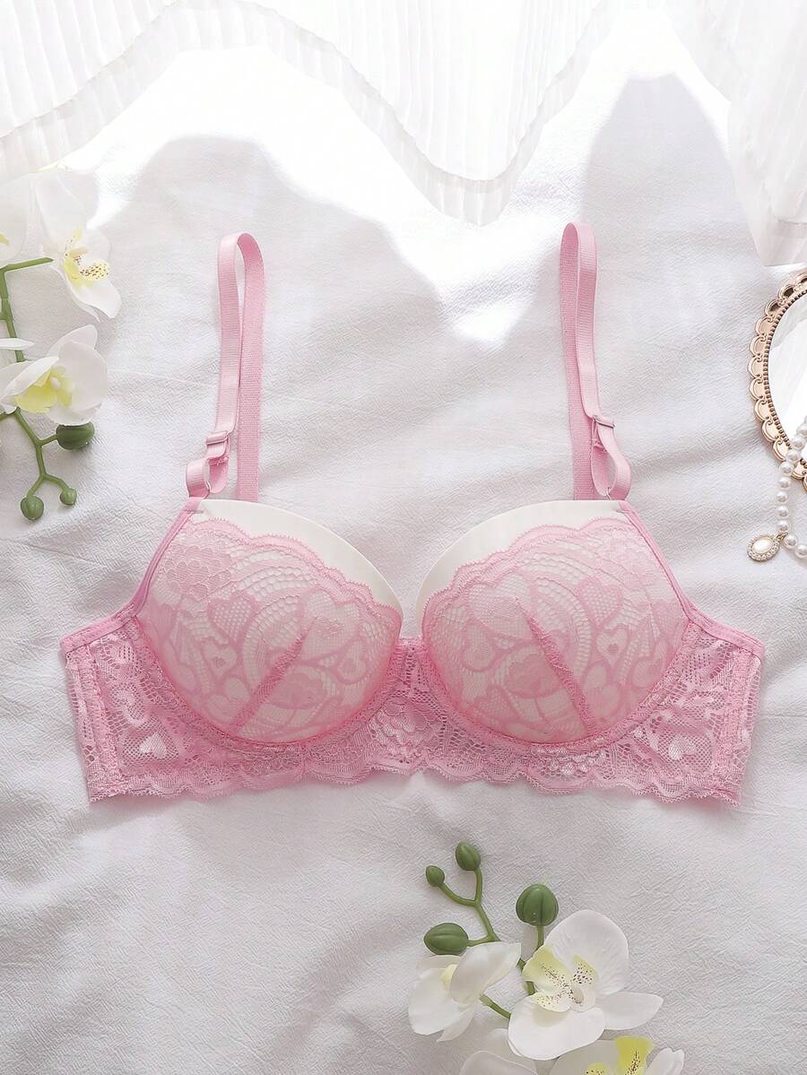 DelicateAllure 3/4罩杯蕾丝拼接聚拢钢圈文胸，可爱、甜美、浪漫，适合女性日常穿着 - 粉色 - 查看 1