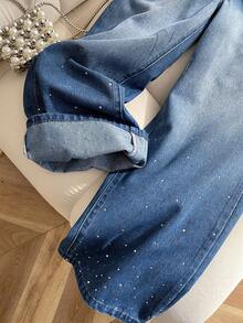 Tween Girls' Blue Denim Jeans With Glitter Hem, Loose Fit Bling Jeans Rhinestone Jeans Sparkly Jeans - Blue - View 4