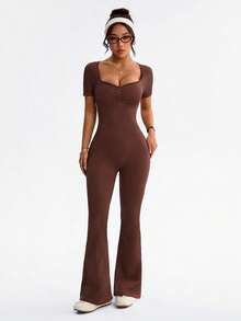 Dewbera Women's Letter Print Open Back Sweetheart Neck Short Sleeve Jumpsuit - Brown - View 4