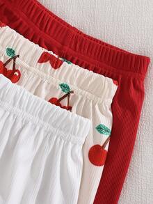 SHEIN 3pcs/Set Cute Baby Girls' Spring/Summer Rib Knit Fabric Cherry Print/Solid Red Camisole T-Shirt & Skinny Pants Casual Chic Outfit - Red - View 3
