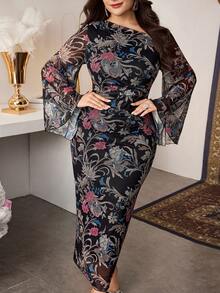 Modelyn 大码女式印花网纱喇叭袖优雅连衣裙 - 彩色 - 查看 4