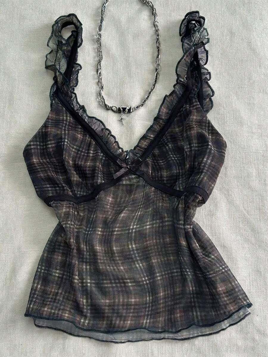 INAWLY Áo camisole thời trang nữ họa tiết kẻ caro retro phối lưới - Nhiều màu - Xem 1