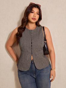 Elaquor Kariertes figurbetontes Blusentop mit Rundhalsausschnitt und ohne Ärmel in Große Größen - Kamelfarben - Übersicht 1