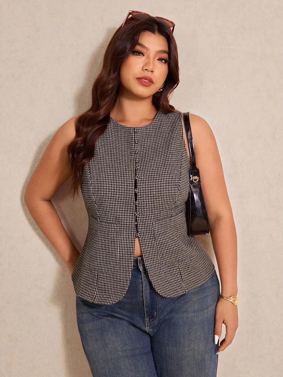 Elaquor Kariertes figurbetontes Blusentop mit Rundhalsausschnitt und ohne Ärmel in Große Größen - Kamelfarben - Übersicht 1