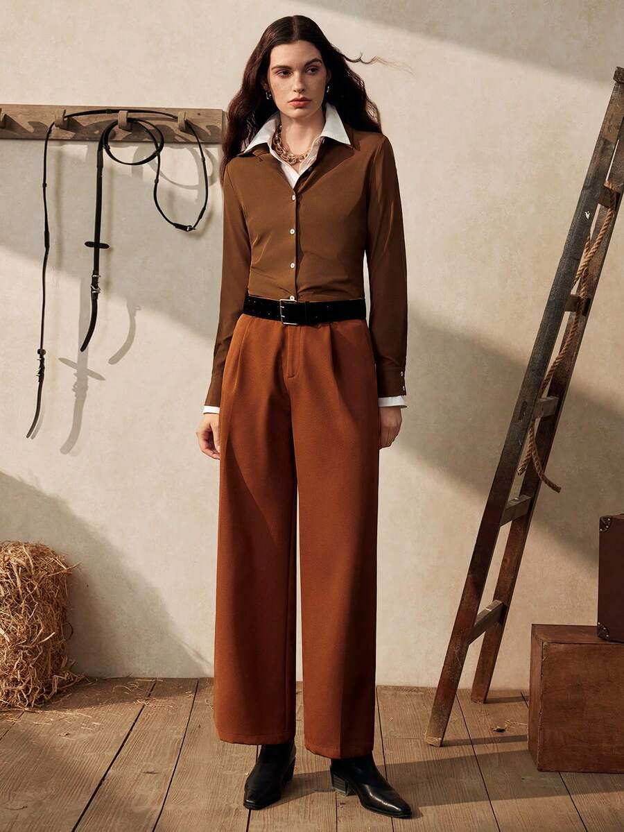 杏色女士衬衫长裤套装 - 卡其色 - 查看 1