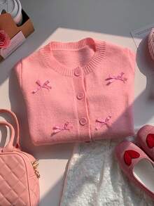 Muchica Pink Knitted Cardigan With Bow For Women - Pink - View 8
