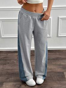 Cloudara Women Denim Patchwork Detailed Wide Leg Sweatpants - Grey - View 4