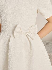 少女高端提花圆领水钻链条短袖蝴蝶结前褶短裙，适合婚礼、舞会、生日派对、宴会等场合。 - 白色 - 查看 7