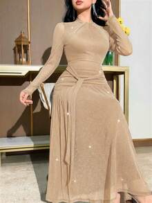 Modelyn 女士优雅中长连衣裙，长袖，腰部褶皱设计，系带细节 - 杏色 - 查看 4