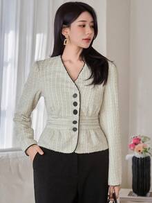 DAZY Damen elegante langärmelige figurbetonende Jacke mit Linien-Dekor, geeignet für Büromode, Frühling/Sommer - Weiss - Übersicht 4