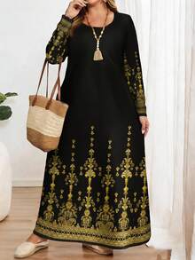 EMERY ROSE Đầm nữ cỡ lớn in họa tiết cổ điển, tay dài, cổ tròn, kiểu dáng thanh lịch, thích hợp cho mùa xuân, màu đen. - Nhiều màu - Xem 4