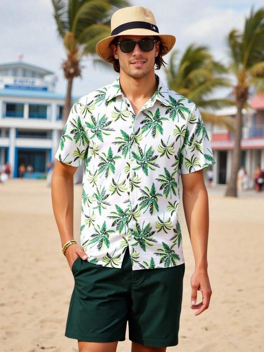 HIMLAND Men's Vacation Casual Coconut Tree Print Shirt And Shorts Set - Multicolor - View 1