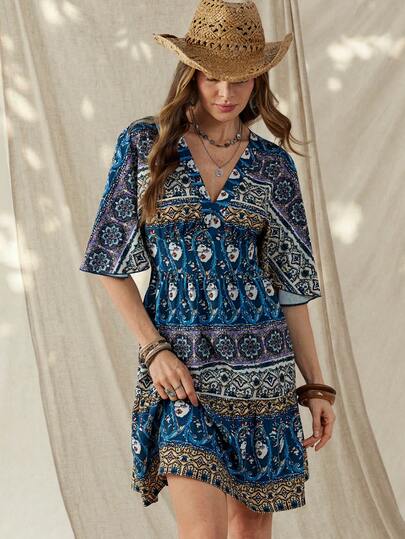 Wildy Vintage Pattern Distressed Casual Mini Dress, Suitable For Daily Wear, Commuting, Spring/Summer