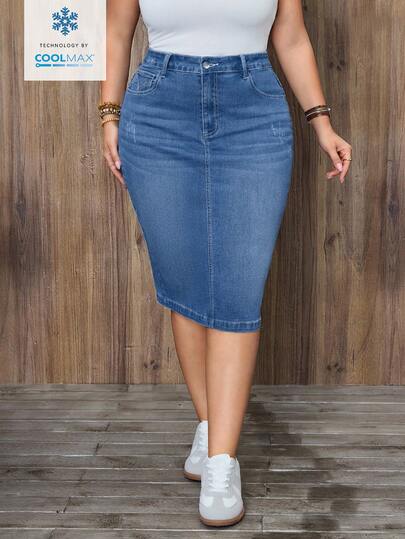 EMERY ROSE Plus Size Women Vintage Washed Denim Mini Skirt, Autumn/Winter