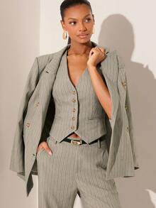 Lilora 女士条纹翻领双排扣西装外套和单排扣马甲休闲通勤套装，适合舞会、晚宴等场合，女士套装，女士职业套装，女士西装外套套装 - 彩色 - 查看 2