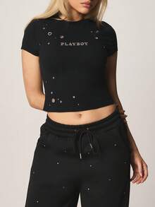 Missguided x Playboy Distressed Crop T-Shirt With Metal Eyelets And Grunge Details Short Sleeve Top - Black - View 3
