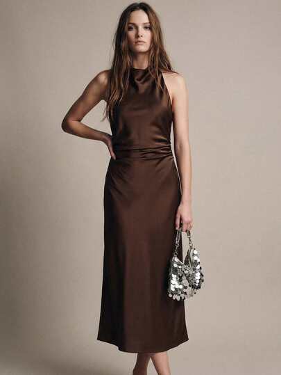 Maija Women's Solid Color Ruffled Collar Pleated Elegant Sleeveless Maxi Dress, Business Casual Elegant Dress, Vintage Style