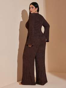 SHEIN BAE Spring/Summer Long-Sleeved Top Set, Pants Set, Knitted High-Elastic Set, Metal Buckle Set Brown Two Piece Set Women - Coffee Brown - View 2