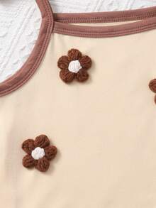 SHEIN Genkimix Kids 女童舒适可爱碎花吊带背心和短裤两件套，米色、卡其色、黄色可选，两件套幼儿女童夏季服装套装，碎花套装，夏季童装 - 卡其色 - 查看 3