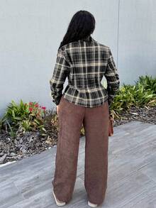Alexandranx Women's Fall Plaid Ruffle Hem Long Sleeve Casual Side Split Hem Shirt - Light Grey - View 2