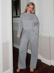 Turnttoni Leisure 2pcs/Set Women Bamboo Nodes Casual Round Neck Long Sleeve Top & Pants Home Lounge Set, Comfortable & Soft Summer Holiday Season Outfit Cozy And Elegant Details, Fall Winter Clothes - Light Grey - View 6