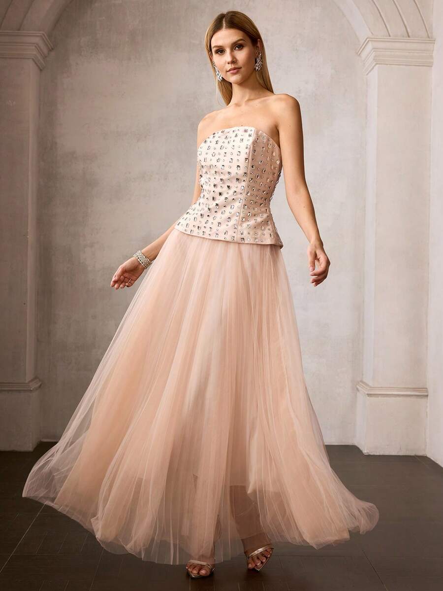 MOTF Soiréza WOMEN'S RHINESTONE EMBELLISHED CONTRAST MESH RUCHED LONG FORMAL DRESS