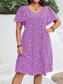 EMERY ROSE Plus Size Women's Summer Ditsy Floral Ruffle Sleeve Holiday Dress, Summer Dresses - Mauve Purple - View 6