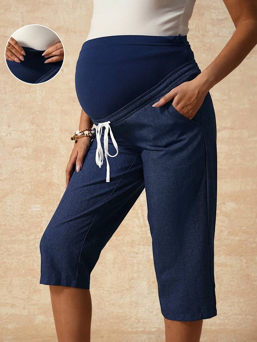 Boho Mama Quần bầu dáng rộng, màu trơn, cạp chun điều chỉnh được, có túi xéo. - Màu xanh lam - Xem 1