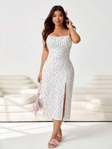 SHEIN EZwear Đầm hai dây ôm sát, xếp ly, xẻ tà cao, họa tiết hoa nhí, dành cho nữ cỡ lớn, thích hợp cho kỳ nghỉ hè. - Nhiều màu - Xem 4