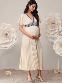 SHEIN 孕妇撞色滚边短袖褶皱腰身优雅连衣裙 - 卡其色 - 查看 4