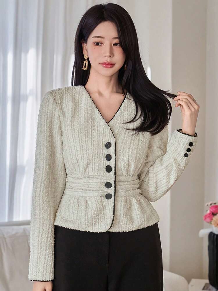 Women's Elegant Long Sleeve Fitted Jacket With Line Decor, Suitable For Office Wear, Spring/Summer