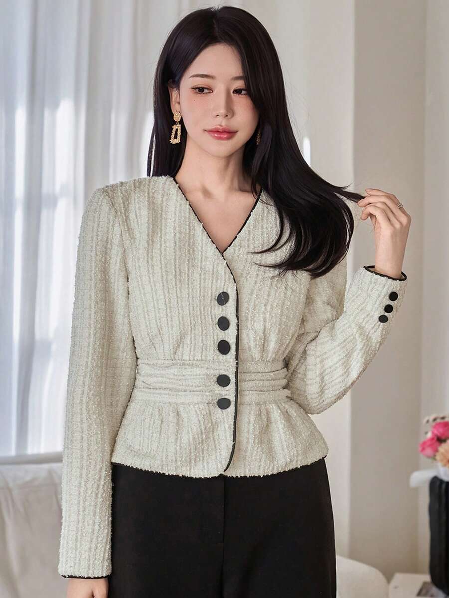 DAZY Damen elegante langärmelige figurbetonende Jacke mit Linien-Dekor, geeignet für Büromode, Frühling/Sommer - Weiss - Übersicht 1