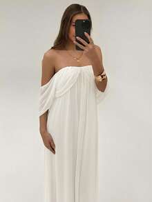 Aloruh Women's Elegant Off-Shoulder Flowy Loose White Dress ,Summer Dress - White - View 8