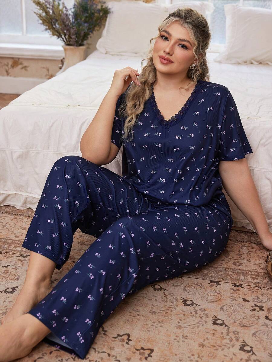 CottageSlumber Plus Size Women Knitted Ribbed Ditsy Floral Short Sleeve Pajama Set - Blue - View 1